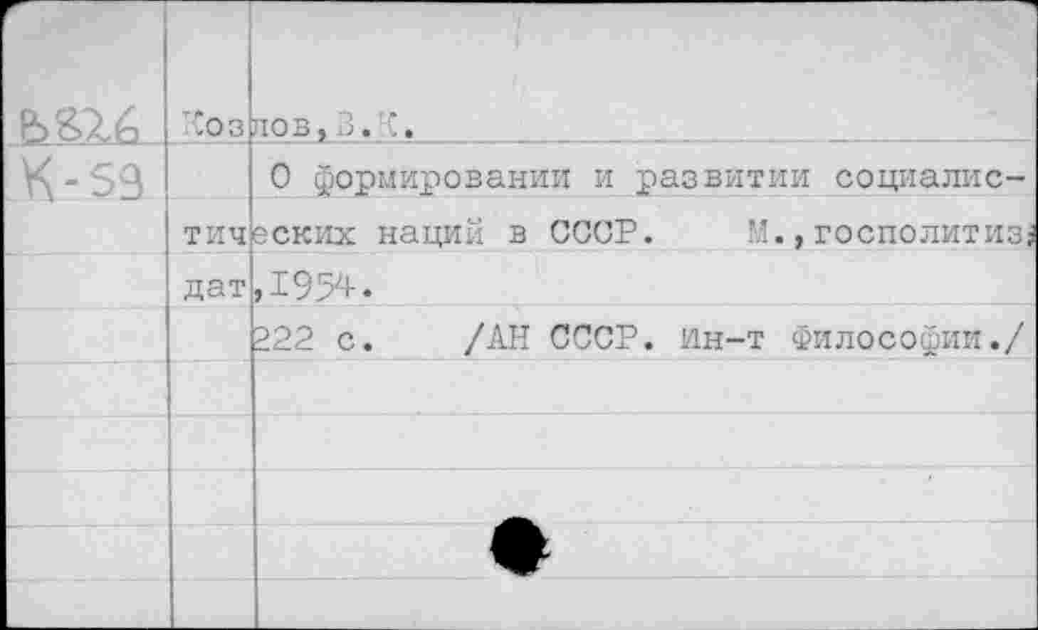 ﻿	’’оз	лов, 3. *.
К-59		0 формировании и развитии социалис-
	ТИЧ	еских наций в СССР.	М.,госполитиз$
	дат	
		222 с.	/АН СССР, ин-т Философии./
		
		
		
		
		